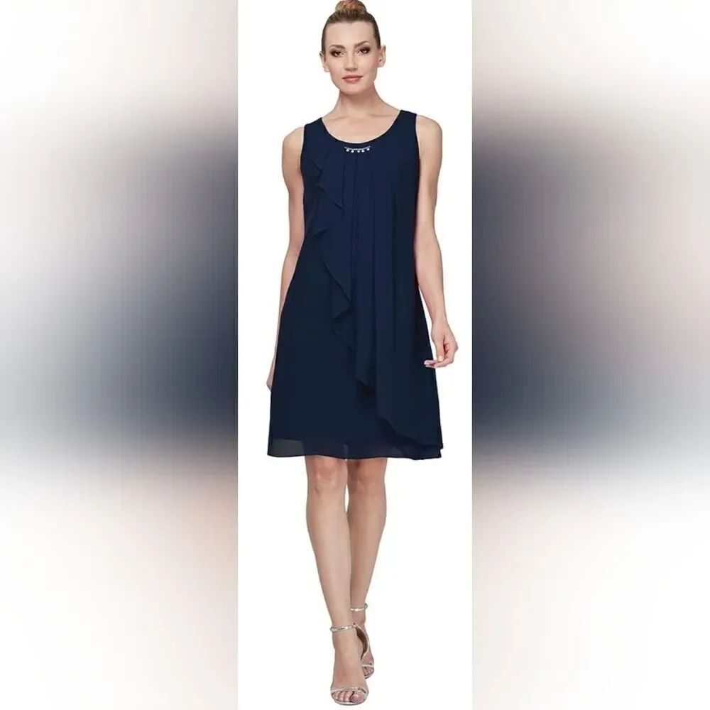 SLNY Womens Sleeveless Embellished Cocktail And Party Dress NWT sz 12 Navy Blue